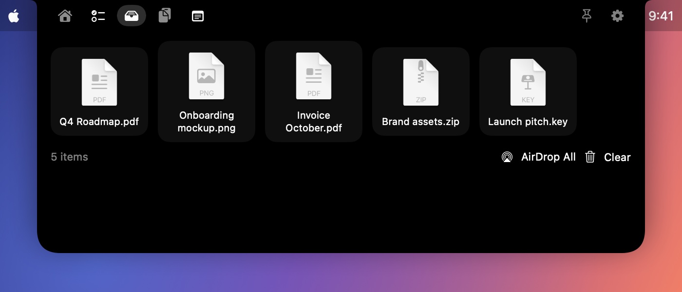 The file tray showing PDFs, an image, a zip and a Keynote file